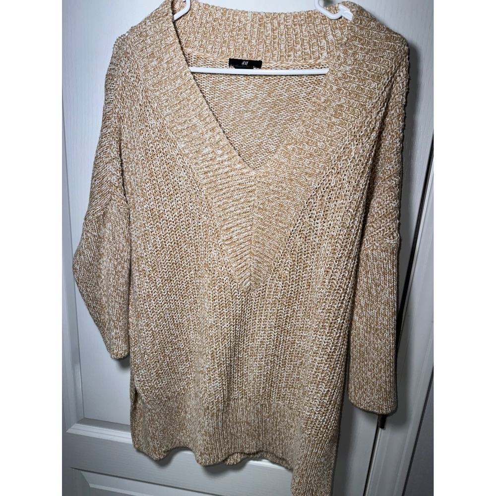 H&M Women Tan White Marled Knit V-Neck Oversized Sweater Small Side Slit Top